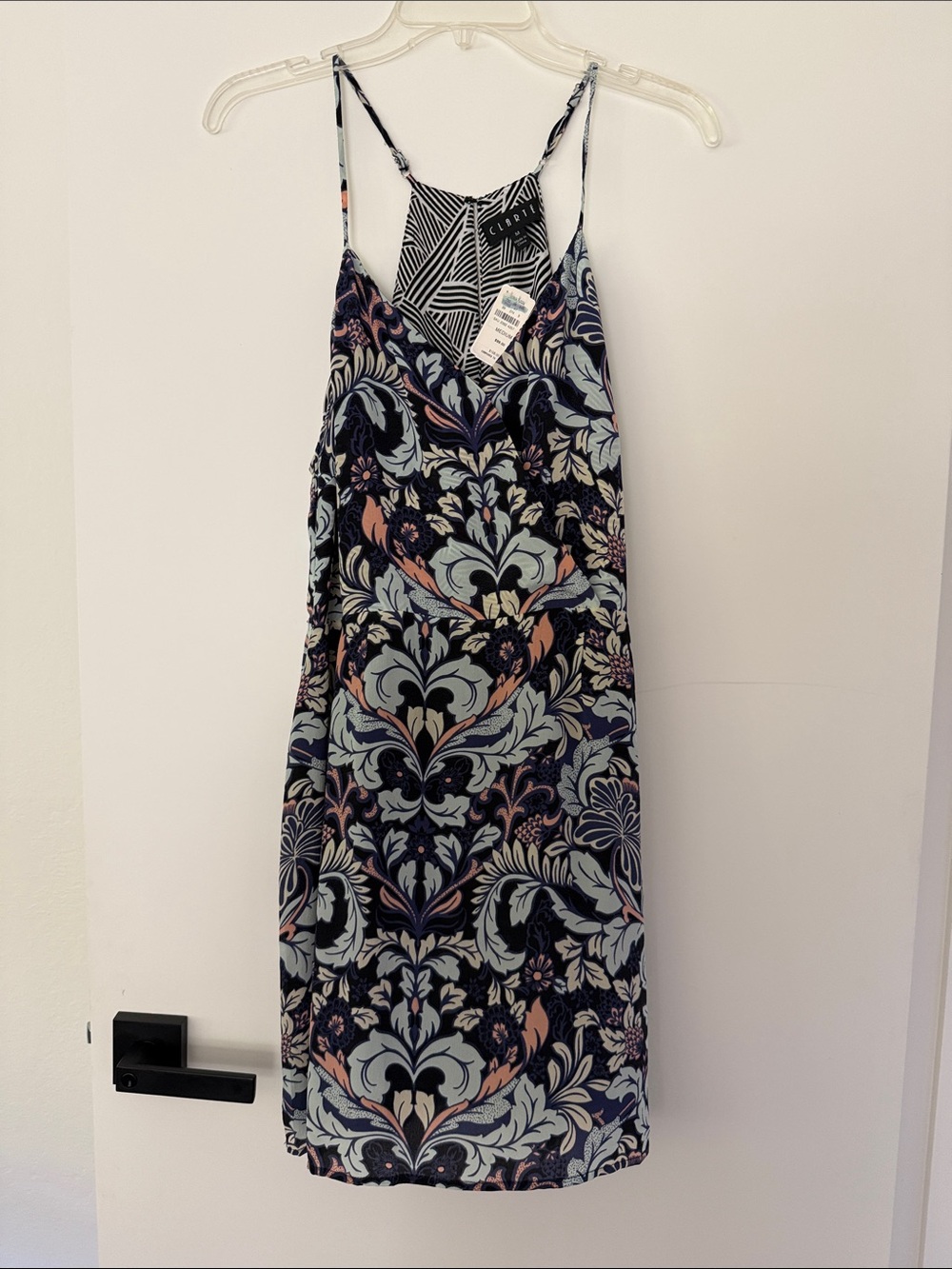 Printed V-Neck Slip Dress - Navy with Light Blue & Blush Floral
